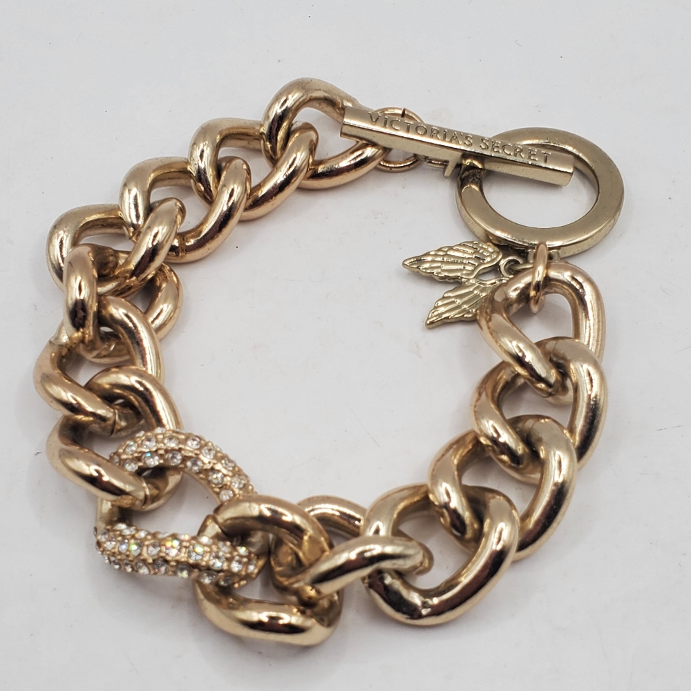 Vintage Victoria Secret Gokd Tone Bracelet Chunky Angel Wing Charm Rhinestones